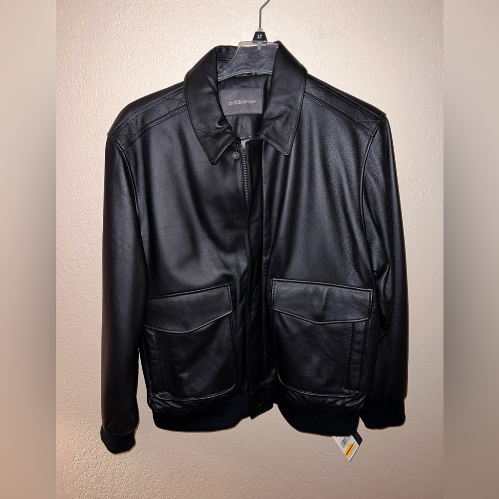 Mint  $295 Croft & Barrow Leather A-2 Flight Bomber Jacket Black Large Fits 46R